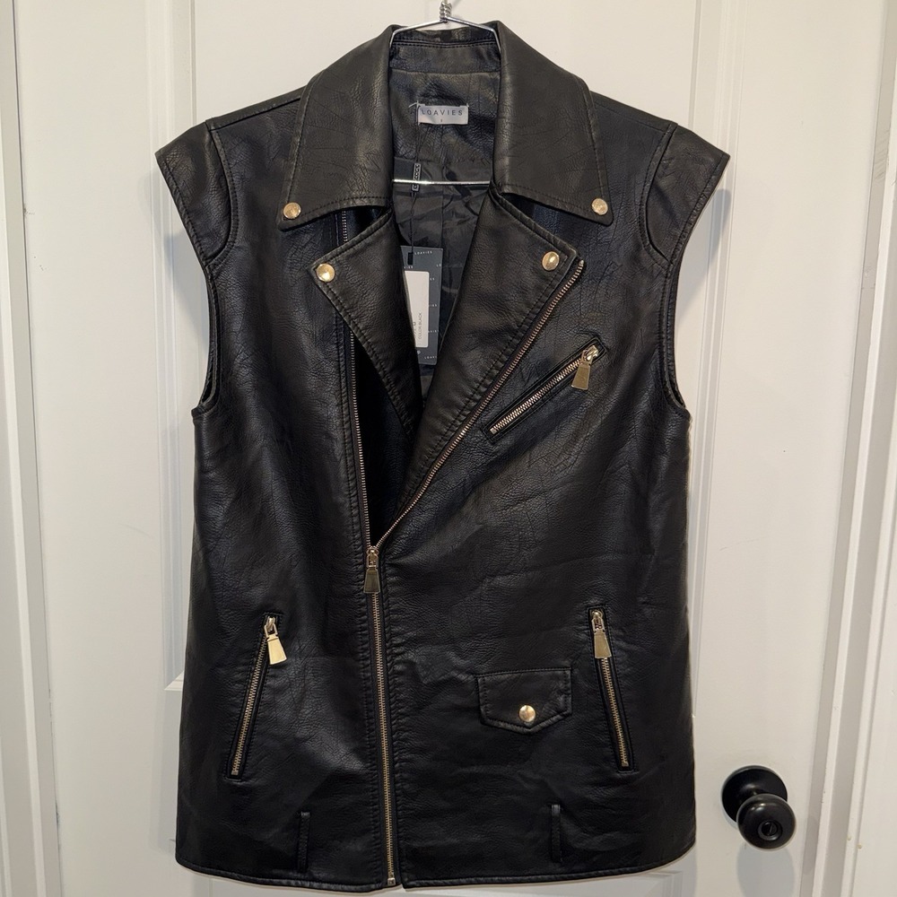 Loavies Womens M Black Faux Leather Longline Moto Biker Vest NWT Gold Zip